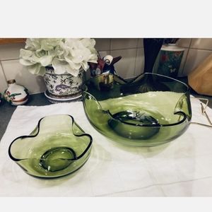 Ancho Hocking Accent Modern Avocado Olive Green Glass Chip Dip Bowl Set Vintage